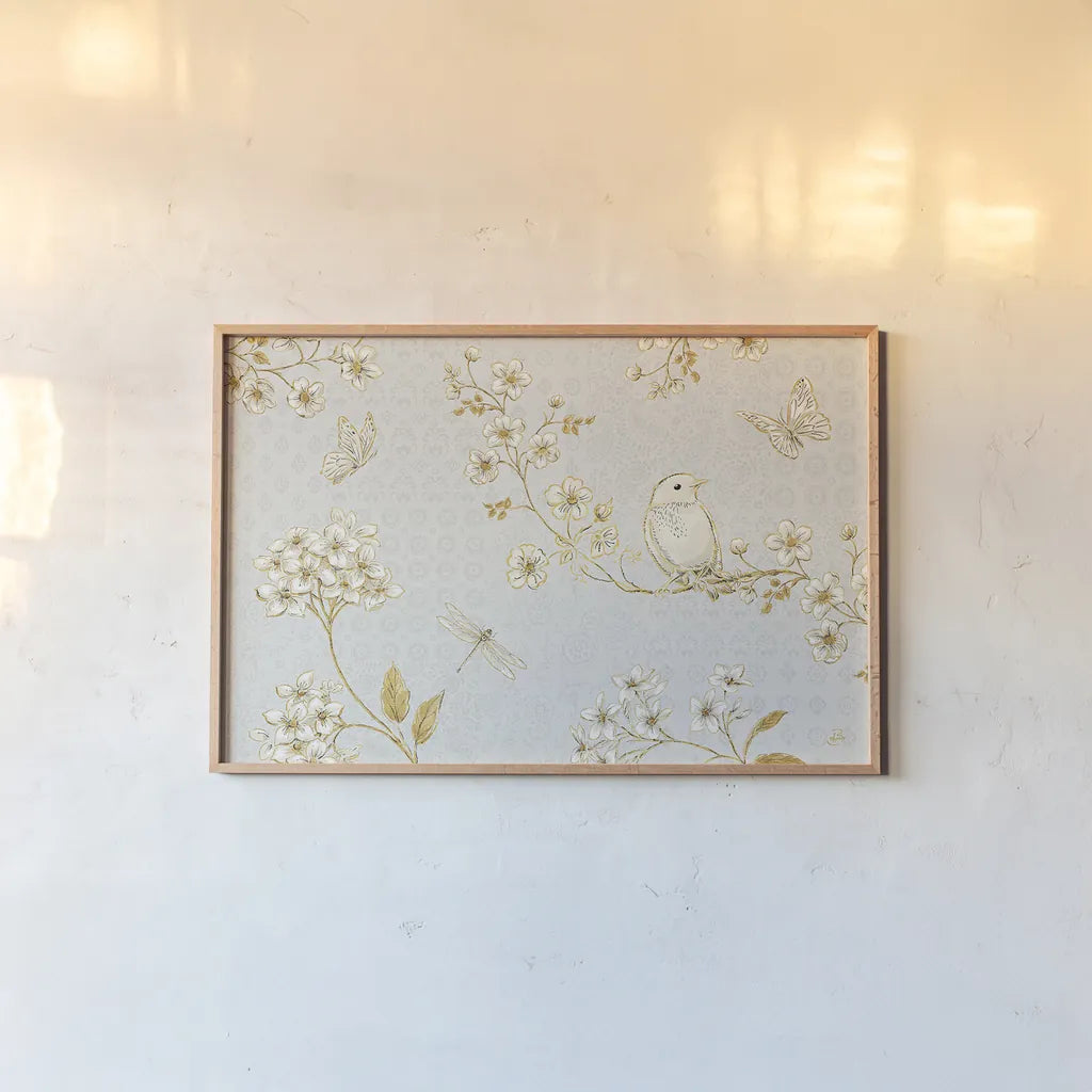 Golden Garden I by Daphne Brissonnet. shown as a paper print in a natural frame. Available as a archival giclee rolled canvas, fine art paper, or poster print. SKU 21868i.