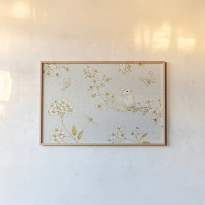 Golden Garden I by Daphne Brissonnet. shown as a paper print in a natural frame. Available as a archival giclee rolled canvas, fine art paper, or poster print. SKU 21868i.