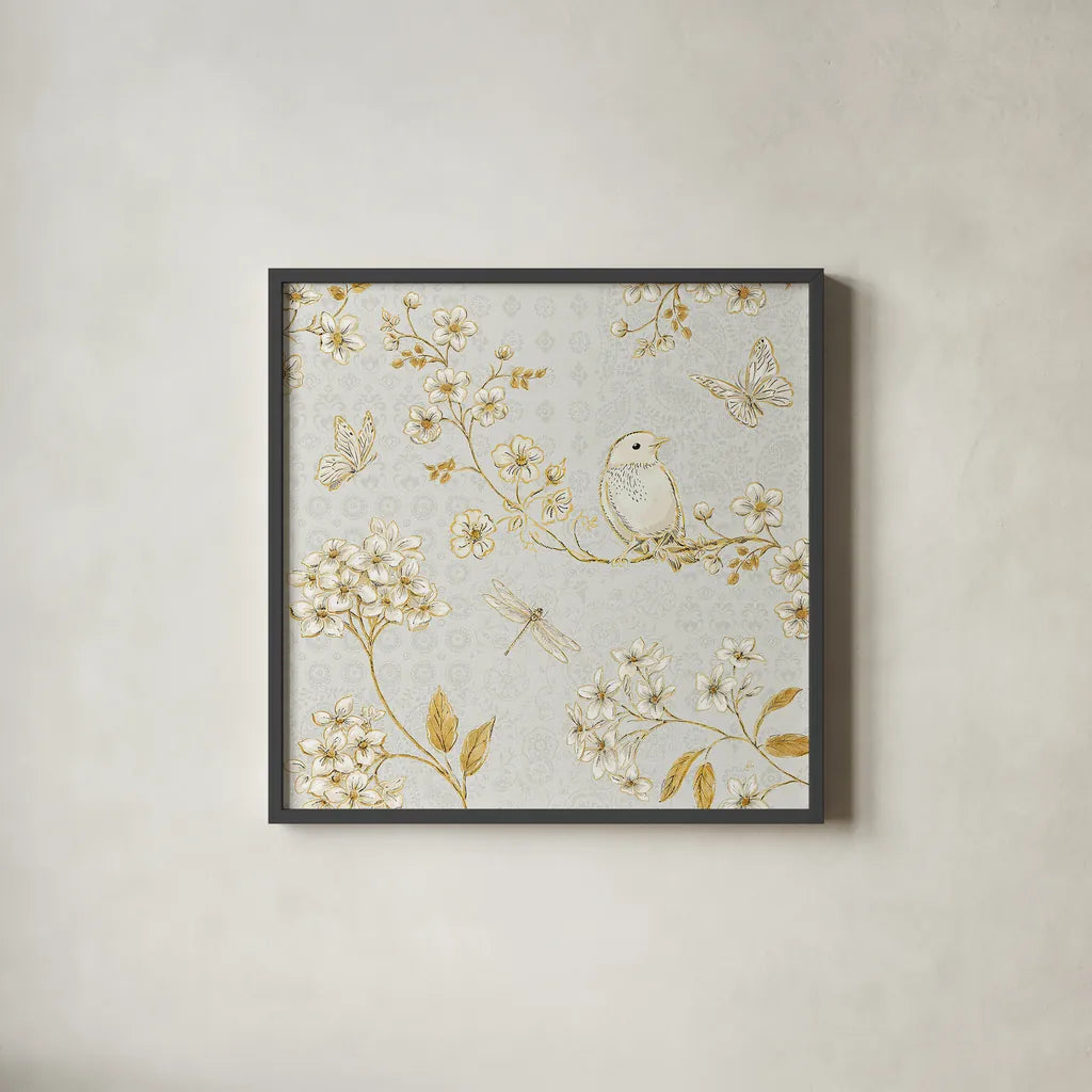 Golden Garden III by Daphne Brissonnet. Shown in a sleek black glass frame for a contemporary gallery look. Available as an archival giclee rolled canvas, fine art paper, or poster print. SKU 30998a.