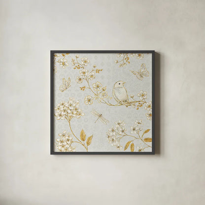 Golden Garden III by Daphne Brissonnet. Shown in a sleek black glass frame for a contemporary gallery look. Available as an archival giclee rolled canvas, fine art paper, or poster print. SKU 30998a.