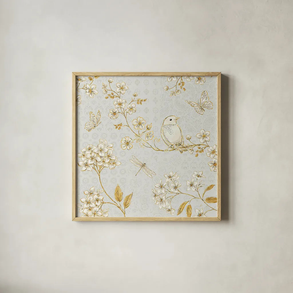 Golden Garden III by Daphne Brissonnet. Shown in a natural wood glass frame for a timeless modern aesthetic. Available as an archival giclee rolled canvas, fine art paper, or poster print. SKU 30998a.