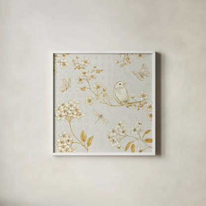 Golden Garden III by Daphne Brissonnet. Shown in a crisp white glass frame for a clean and minimalist style. Available as an archival giclee rolled canvas, fine art paper, or poster print. SKU 30998a.