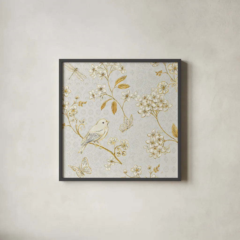 Golden Garden IV by Daphne Brissonnet. Shown in a sleek black glass frame for a contemporary gallery look. Available as an archival giclee rolled canvas, fine art paper, or poster print. SKU 30999a.