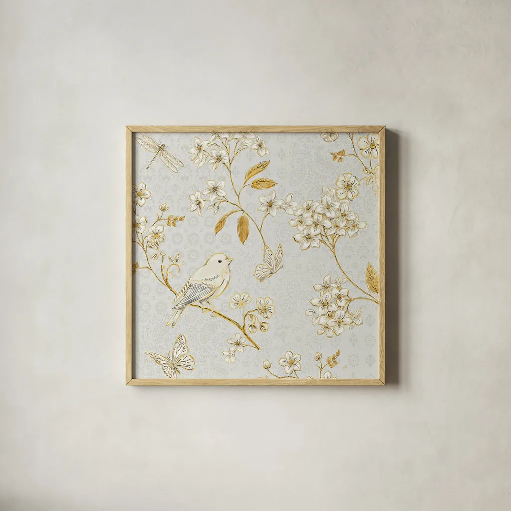 Golden Garden IV by Daphne Brissonnet. Shown in a natural wood glass frame for a timeless modern aesthetic. Available as an archival giclee rolled canvas, fine art paper, or poster print. SKU 30999a.