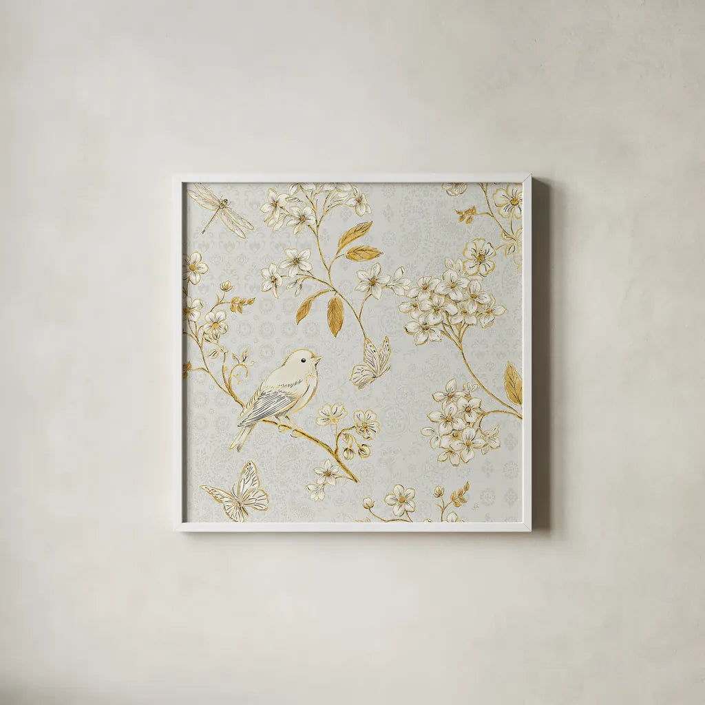 Golden Garden IV by Daphne Brissonnet. Shown in a crisp white glass frame for a clean and minimalist style. Available as an archival giclee rolled canvas, fine art paper, or poster print. SKU 30999a.