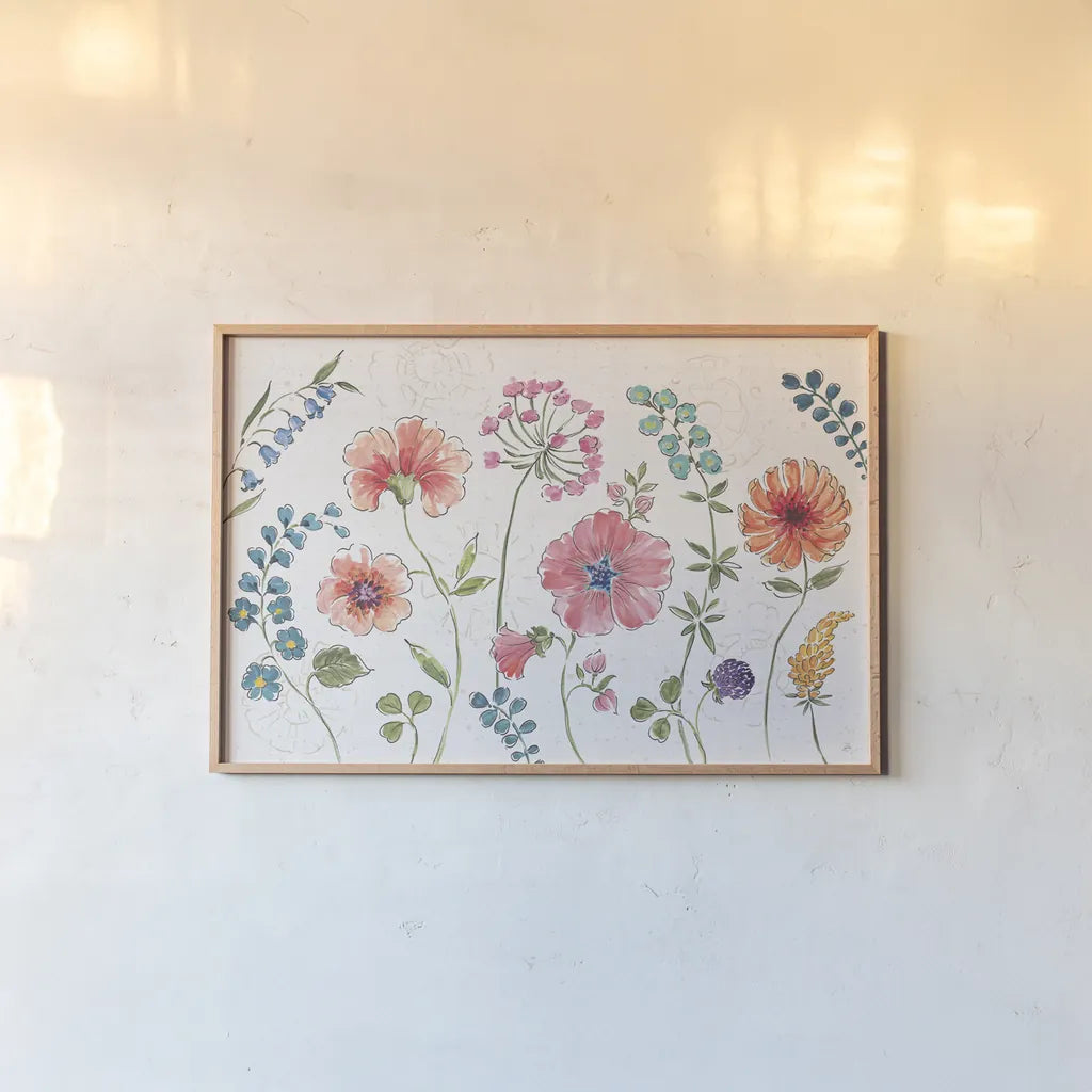 Gypsy Meadow I by Daphne Brissonnet. shown as a paper print in a natural frame. Available as a archival giclee rolled canvas, fine art paper, or poster print. SKU 57757i.