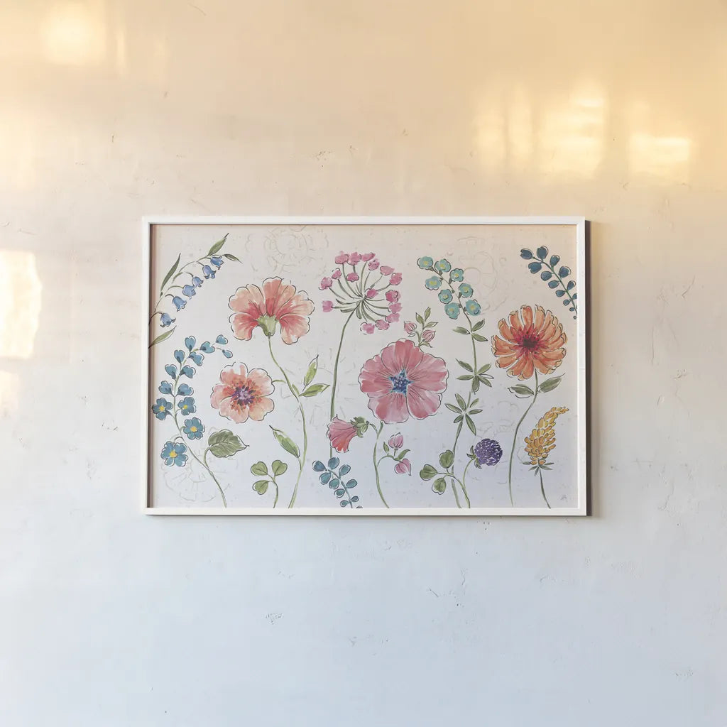 Gypsy Meadow I by Daphne Brissonnet. shown as a paper print in a white frame. Available as a archival giclee rolled canvas, fine art paper, or poster print. SKU 57757i.