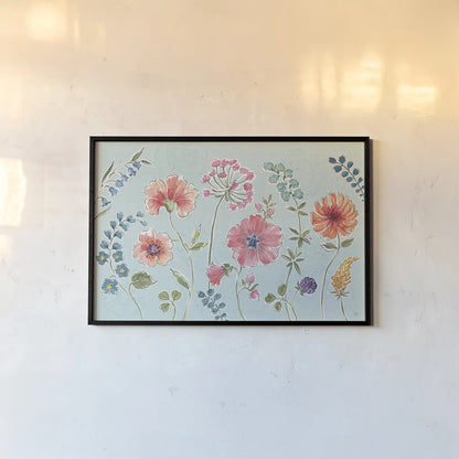 Gypsy Meadow I Blue by Daphne Brissonnet. shown as a paper print in a black flame. Available as a archival giclee rolled canvas, fine art paper, or poster print. SKU 57768i.