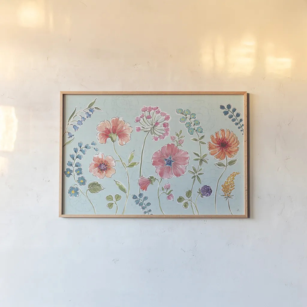 Gypsy Meadow I Blue by Daphne Brissonnet. shown as a paper print in a natural frame. Available as a archival giclee rolled canvas, fine art paper, or poster print. SKU 57768i.