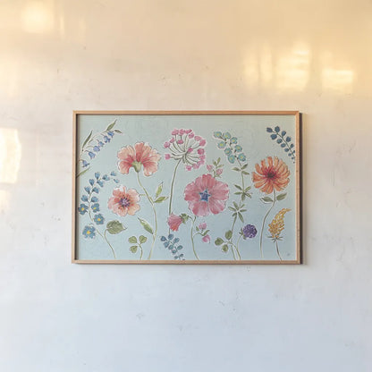 Gypsy Meadow I Blue by Daphne Brissonnet. shown as a paper print in a natural frame. Available as a archival giclee rolled canvas, fine art paper, or poster print. SKU 57768i.