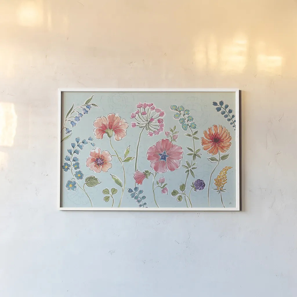 Gypsy Meadow I Blue by Daphne Brissonnet. shown as a paper print in a white frame. Available as a archival giclee rolled canvas, fine art paper, or poster print. SKU 57768i.