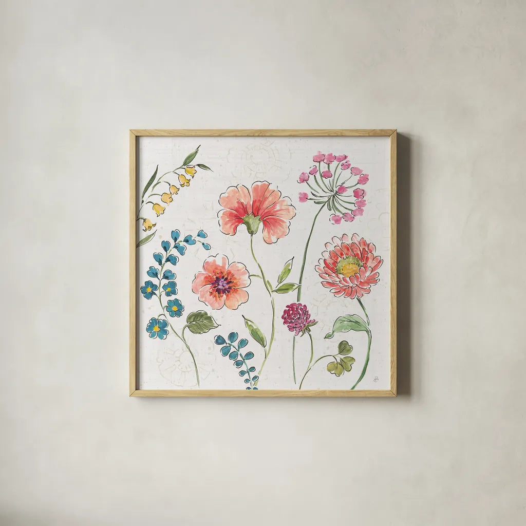 Gypsy Meadow II by Daphne Brissonnet. Shown in a natural wood glass frame for a timeless modern aesthetic. Available as an archival giclee rolled canvas, fine art paper, or poster print. SKU 57758a.