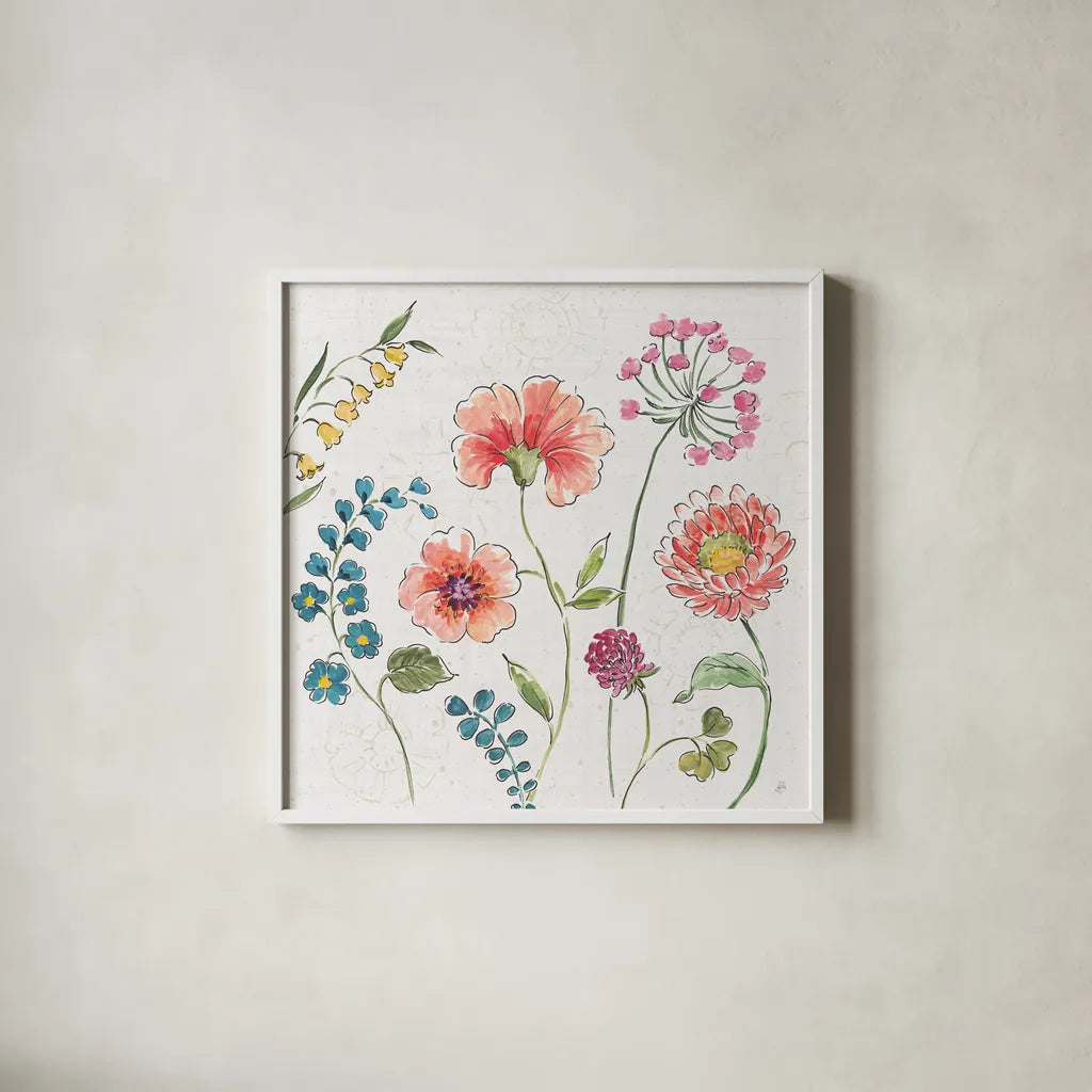 Gypsy Meadow II by Daphne Brissonnet. Shown in a crisp white glass frame for a clean and minimalist style. Available as an archival giclee rolled canvas, fine art paper, or poster print. SKU 57758a.