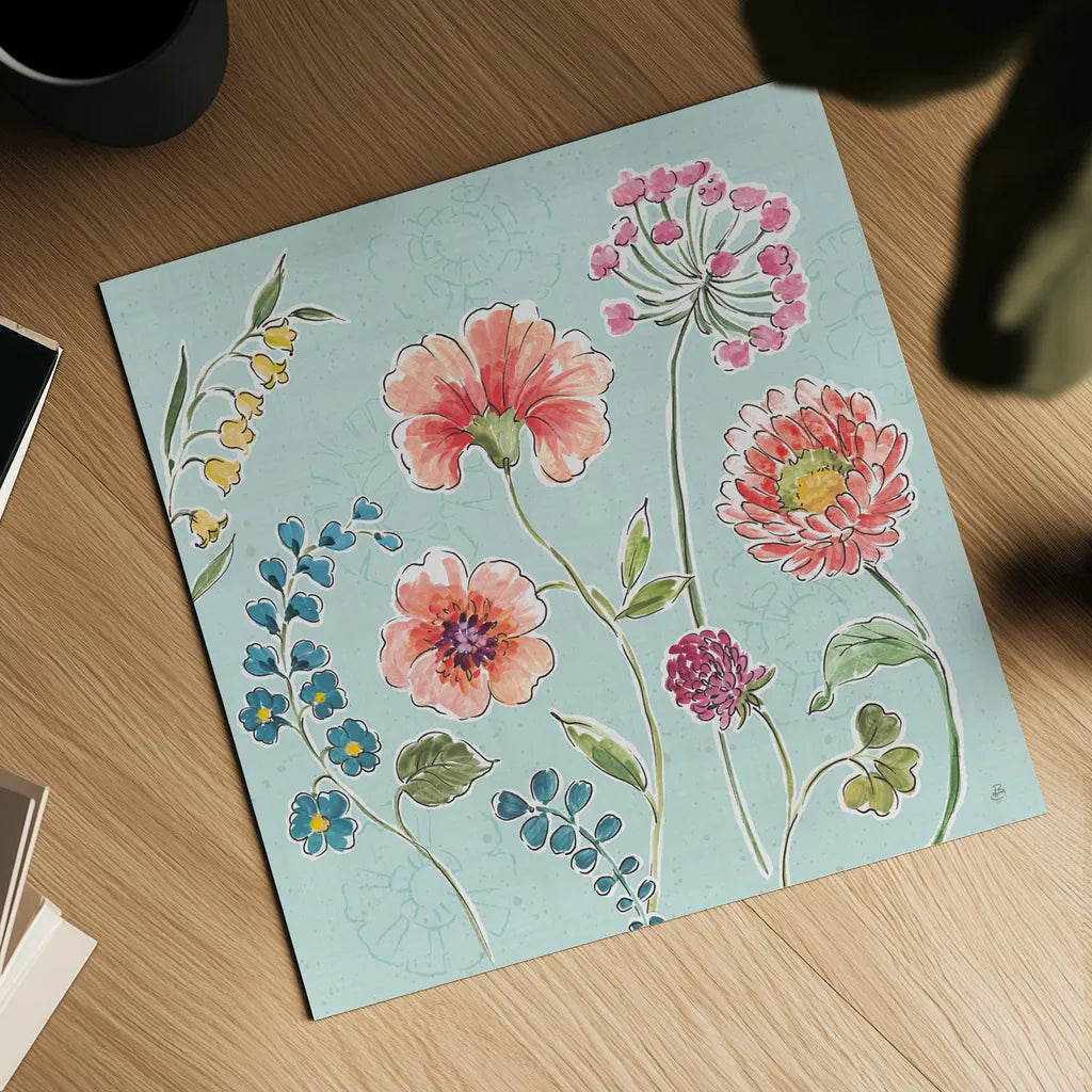 Gypsy Meadow II Blue by Daphne Brissonnet. Shown as a detailed flat fine art print, highlighting archival giclee quality. Available as an archival giclee rolled canvas, fine art paper, or poster print. SKU 57769a.