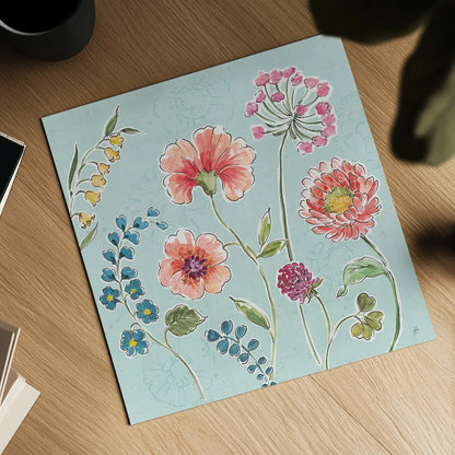 Gypsy Meadow II Blue by Daphne Brissonnet. Shown as a detailed flat fine art print, highlighting archival giclee quality. Available as an archival giclee rolled canvas, fine art paper, or poster print. SKU 57769a.