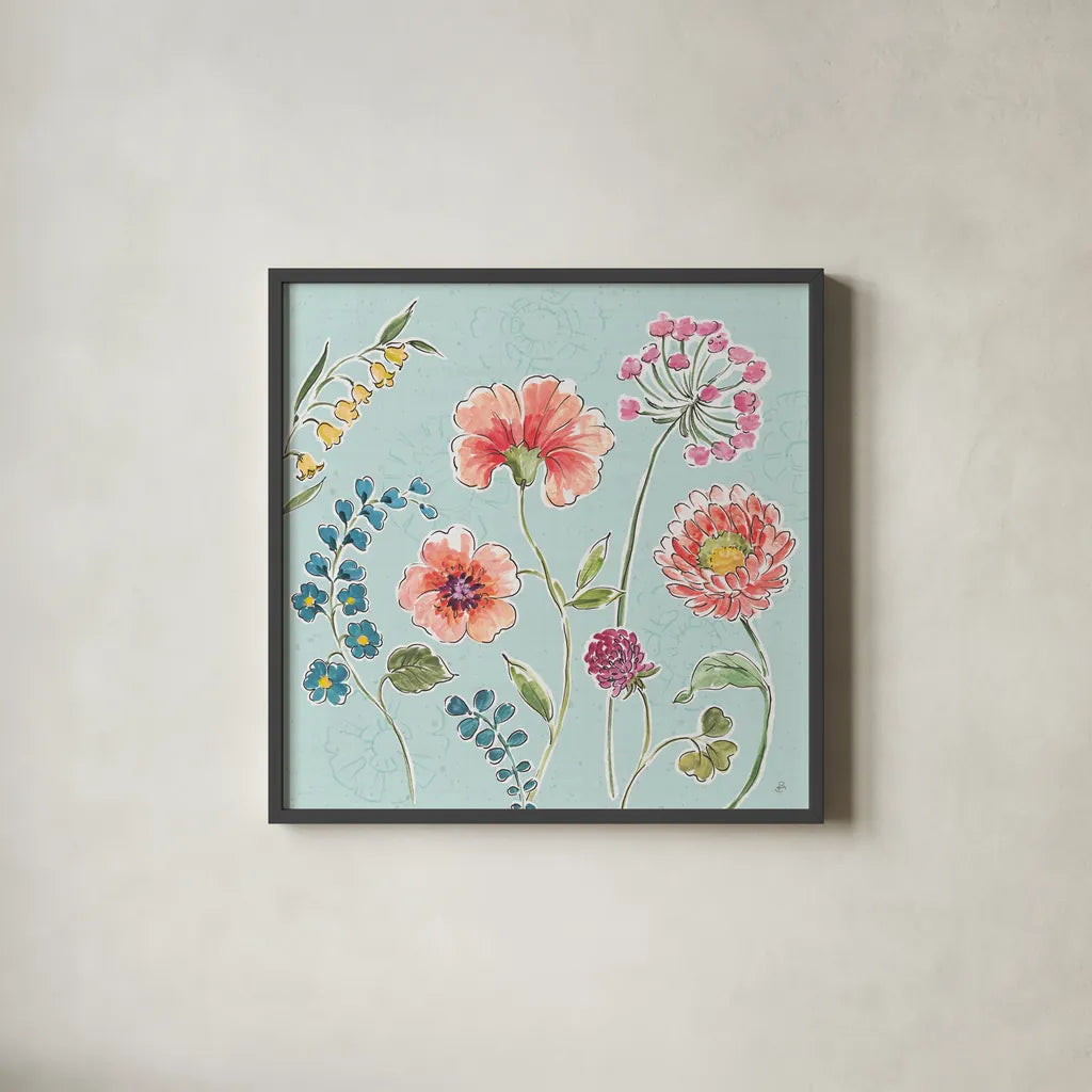 Gypsy Meadow II Blue by Daphne Brissonnet. Shown in a sleek black glass frame for a contemporary gallery look. Available as an archival giclee rolled canvas, fine art paper, or poster print. SKU 57769a.