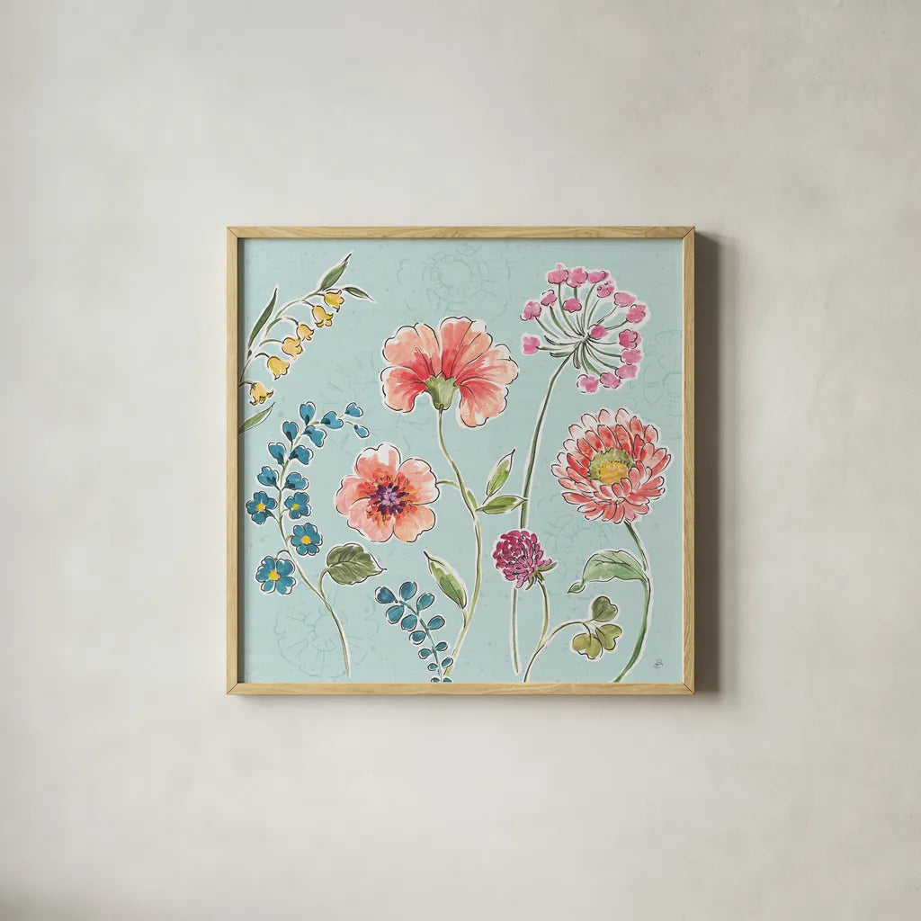 Gypsy Meadow II Blue by Daphne Brissonnet. Shown in a natural wood glass frame for a timeless modern aesthetic. Available as an archival giclee rolled canvas, fine art paper, or poster print. SKU 57769a.