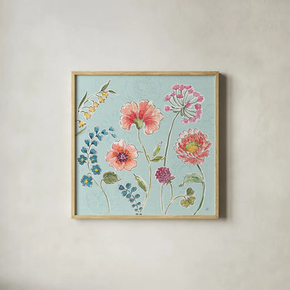 Gypsy Meadow II Blue by Daphne Brissonnet. Shown in a natural wood glass frame for a timeless modern aesthetic. Available as an archival giclee rolled canvas, fine art paper, or poster print. SKU 57769a.