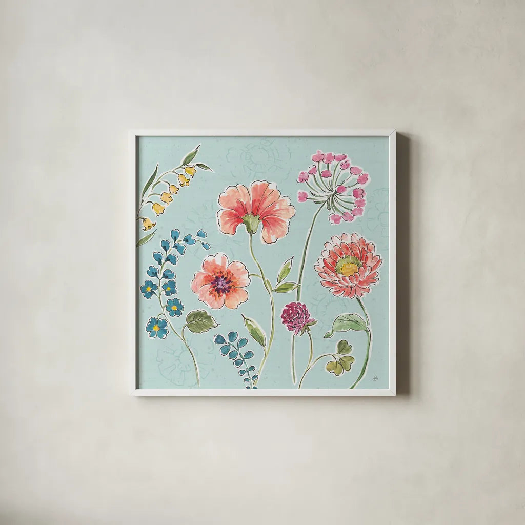 Gypsy Meadow II Blue by Daphne Brissonnet. Shown in a crisp white glass frame for a clean and minimalist style. Available as an archival giclee rolled canvas, fine art paper, or poster print. SKU 57769a.