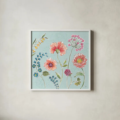 Gypsy Meadow II Blue by Daphne Brissonnet. Shown in a crisp white glass frame for a clean and minimalist style. Available as an archival giclee rolled canvas, fine art paper, or poster print. SKU 57769a.