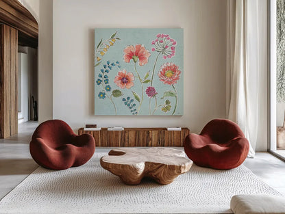 Gypsy Meadow II Blue by Daphne Brissonnet. Shown as extra-large giant wall art in a modern living room. Available as an archival giclee rolled canvas, fine art paper, or poster print. SKU 57769a.