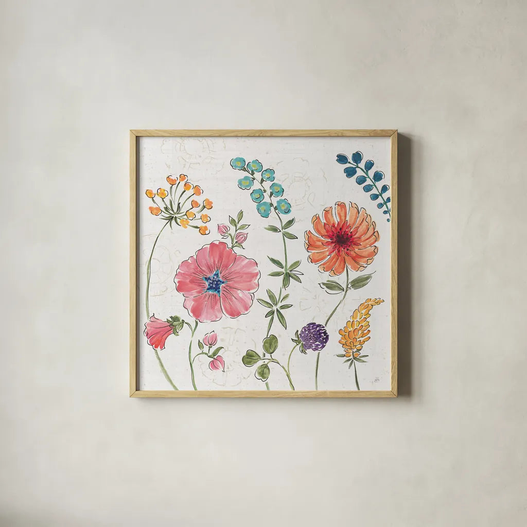 Gypsy Meadow III by Daphne Brissonnet. Shown in a natural wood glass frame for a timeless modern aesthetic. Available as an archival giclee rolled canvas, fine art paper, or poster print. SKU 57759a.