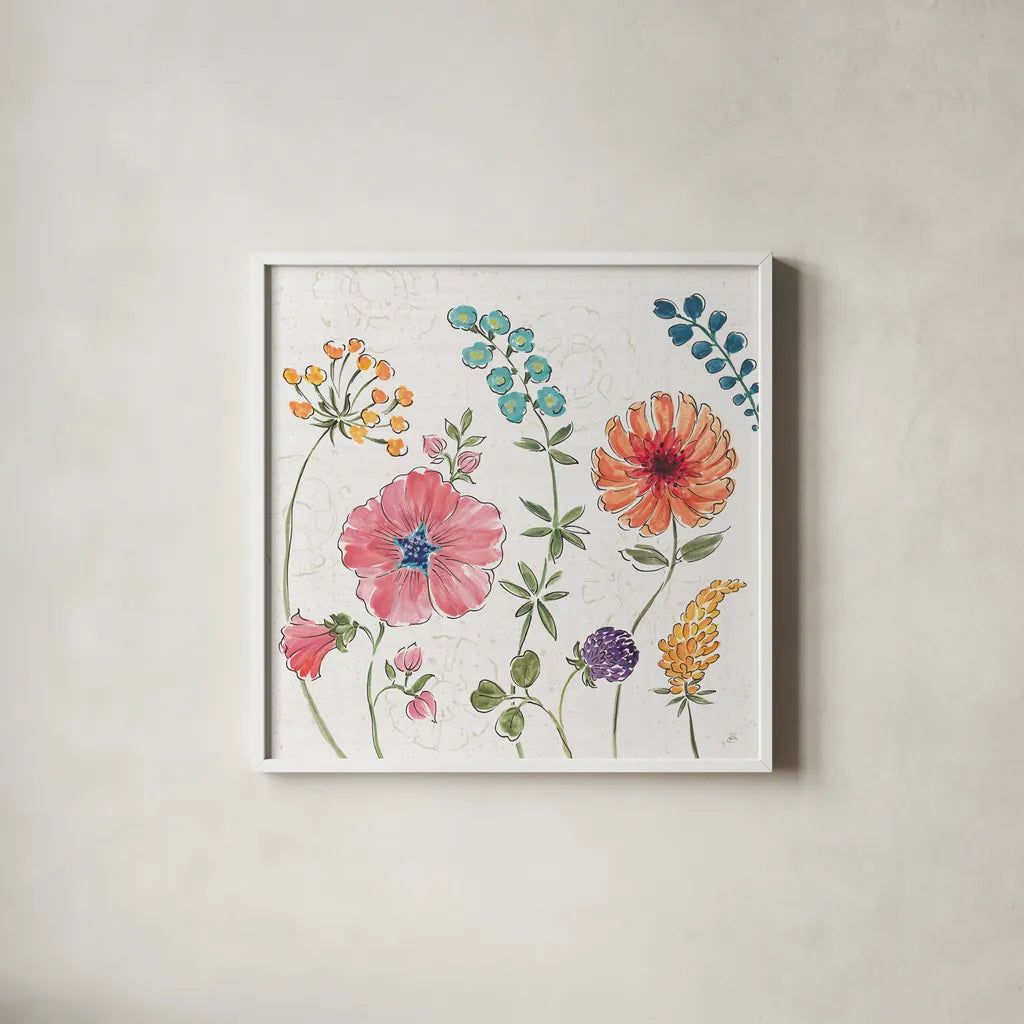 Gypsy Meadow III by Daphne Brissonnet. Shown in a crisp white glass frame for a clean and minimalist style. Available as an archival giclee rolled canvas, fine art paper, or poster print. SKU 57759a.