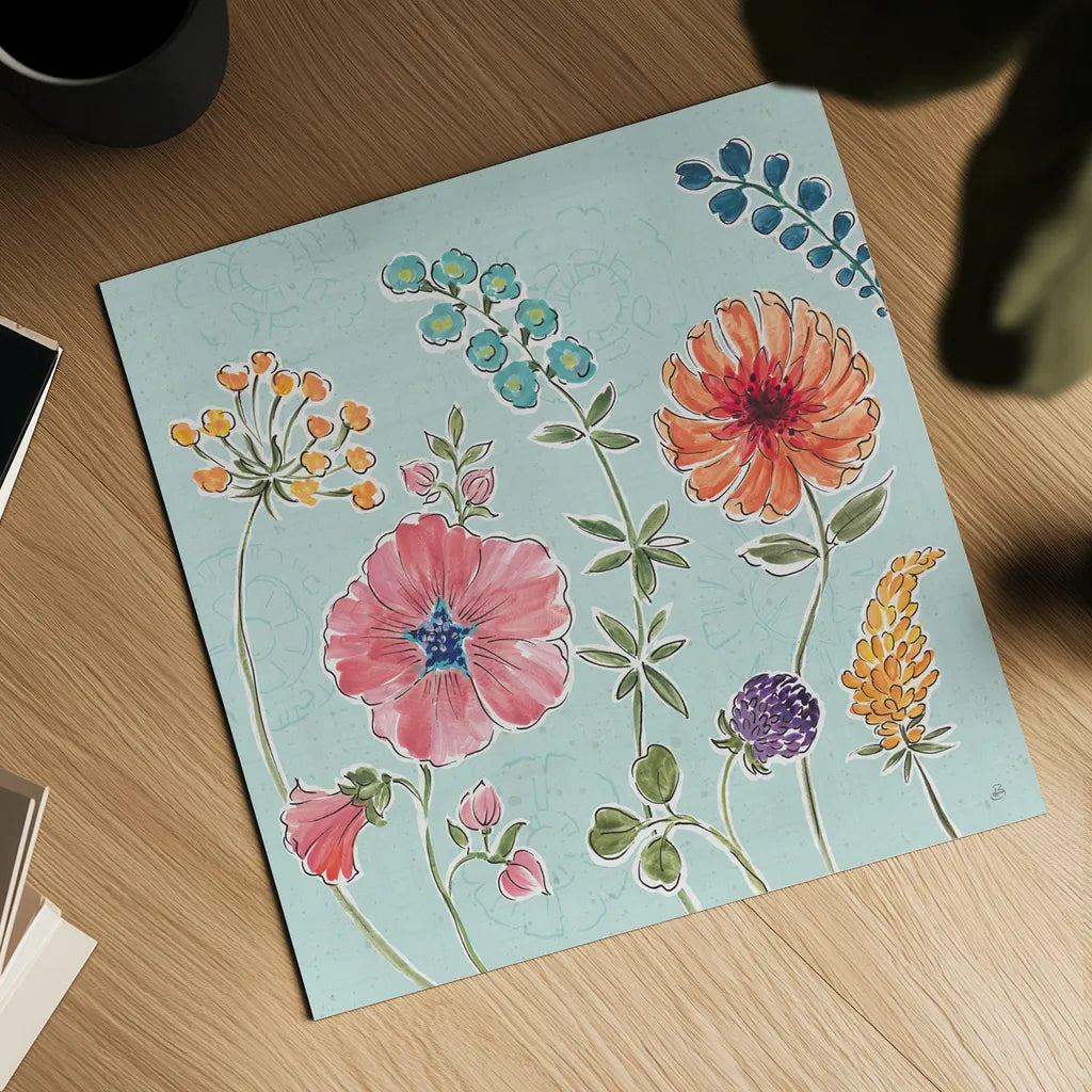 Gypsy Meadow III Blue by Daphne Brissonnet. Shown as a detailed flat fine art print, highlighting archival giclee quality. Available as an archival giclee rolled canvas, fine art paper, or poster print. SKU 57770a.