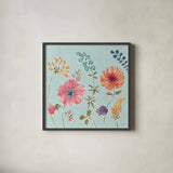 Gypsy Meadow III Blue by Daphne Brissonnet. Shown in a sleek black glass frame for a contemporary gallery look. Available as an archival giclee rolled canvas, fine art paper, or poster print. SKU 57770a.