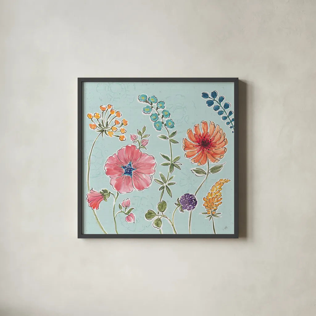 Gypsy Meadow III Blue by Daphne Brissonnet. Shown in a sleek black glass frame for a contemporary gallery look. Available as an archival giclee rolled canvas, fine art paper, or poster print. SKU 57770a.