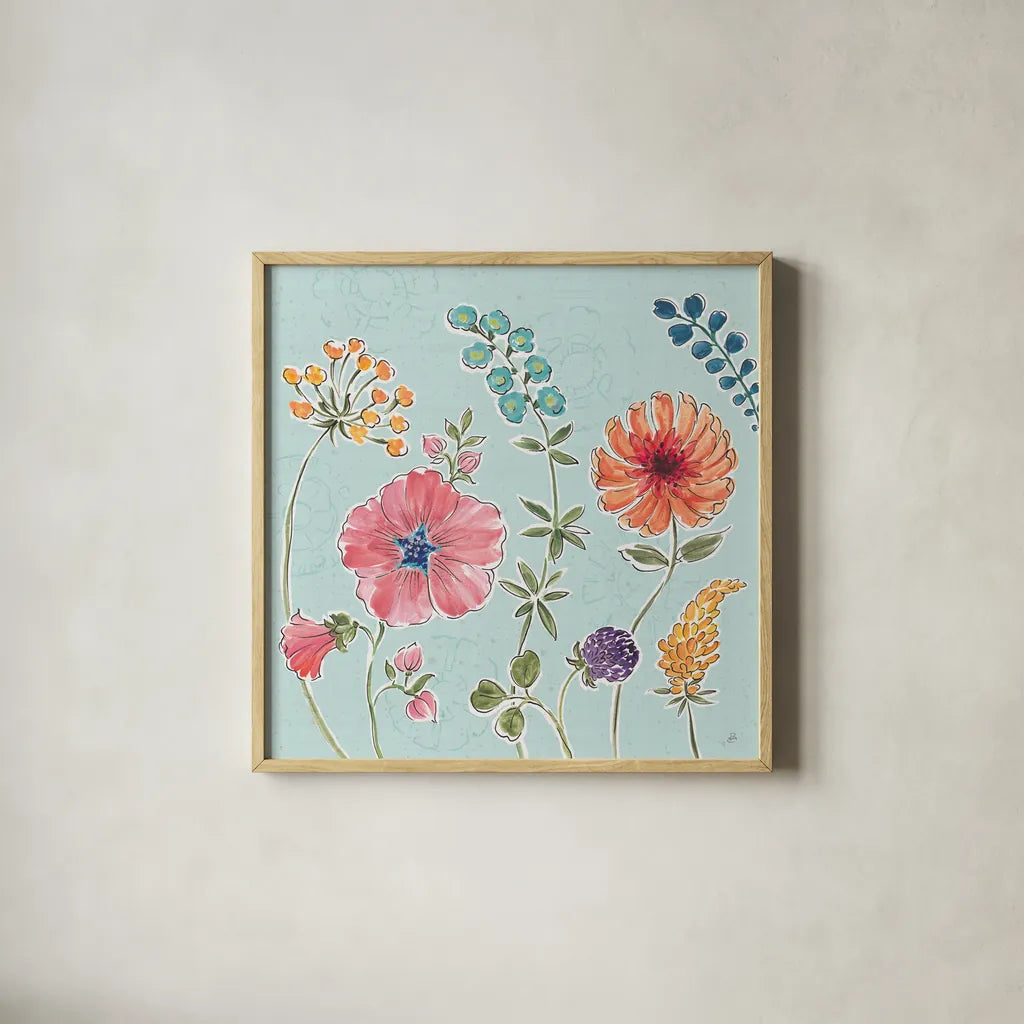 Gypsy Meadow III Blue by Daphne Brissonnet. Shown in a natural wood glass frame for a timeless modern aesthetic. Available as an archival giclee rolled canvas, fine art paper, or poster print. SKU 57770a.