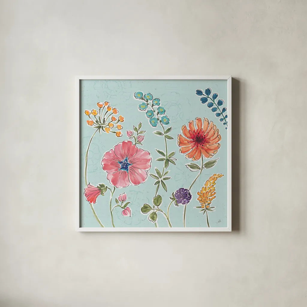 Gypsy Meadow III Blue by Daphne Brissonnet. Shown in a crisp white glass frame for a clean and minimalist style. Available as an archival giclee rolled canvas, fine art paper, or poster print. SKU 57770a.