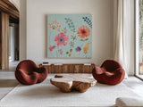 Gypsy Meadow III Blue by Daphne Brissonnet. Shown as extra-large giant wall art in a modern living room. Available as an archival giclee rolled canvas, fine art paper, or poster print. SKU 57770a.