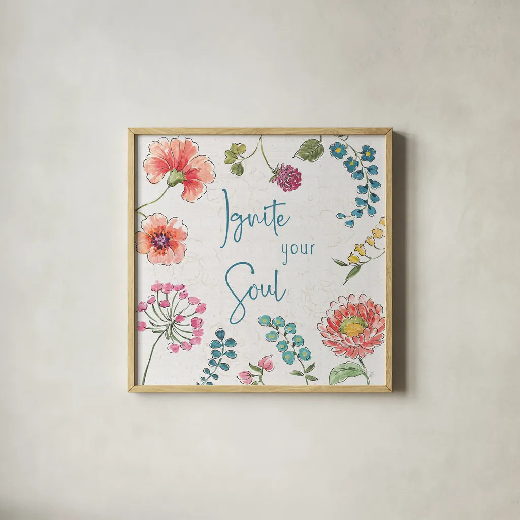 Gypsy Meadow IV by Daphne Brissonnet. Shown in a natural wood glass frame for a timeless modern aesthetic. Available as an archival giclee rolled canvas, fine art paper, or poster print. SKU 57760a.