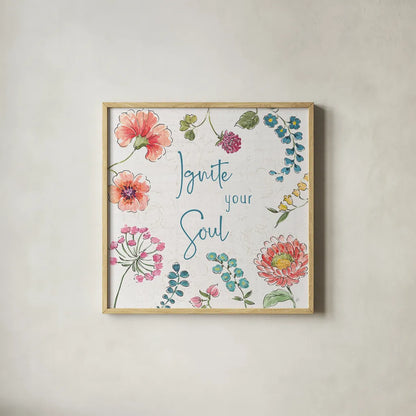 Gypsy Meadow IV by Daphne Brissonnet. Shown in a natural wood glass frame for a timeless modern aesthetic. Available as an archival giclee rolled canvas, fine art paper, or poster print. SKU 57760a.