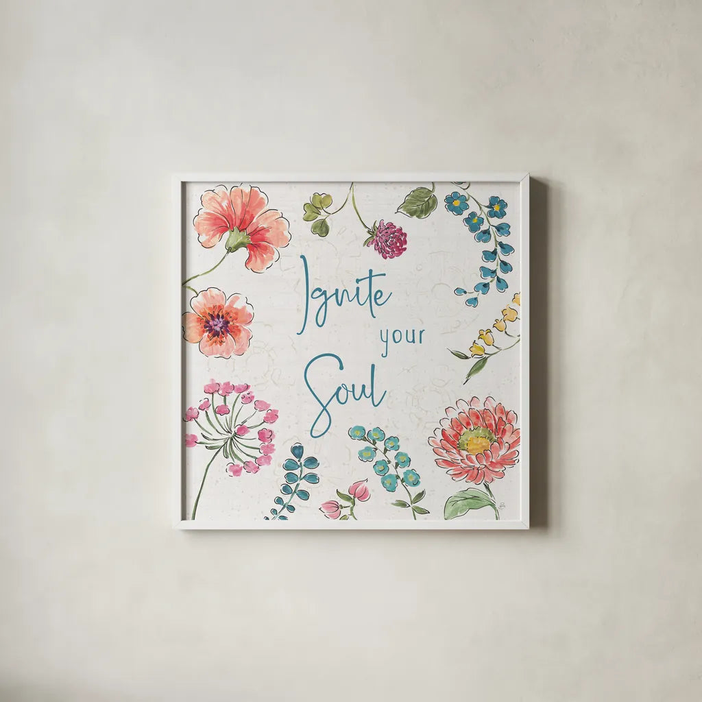 Gypsy Meadow IV by Daphne Brissonnet. Shown in a crisp white glass frame for a clean and minimalist style. Available as an archival giclee rolled canvas, fine art paper, or poster print. SKU 57760a.