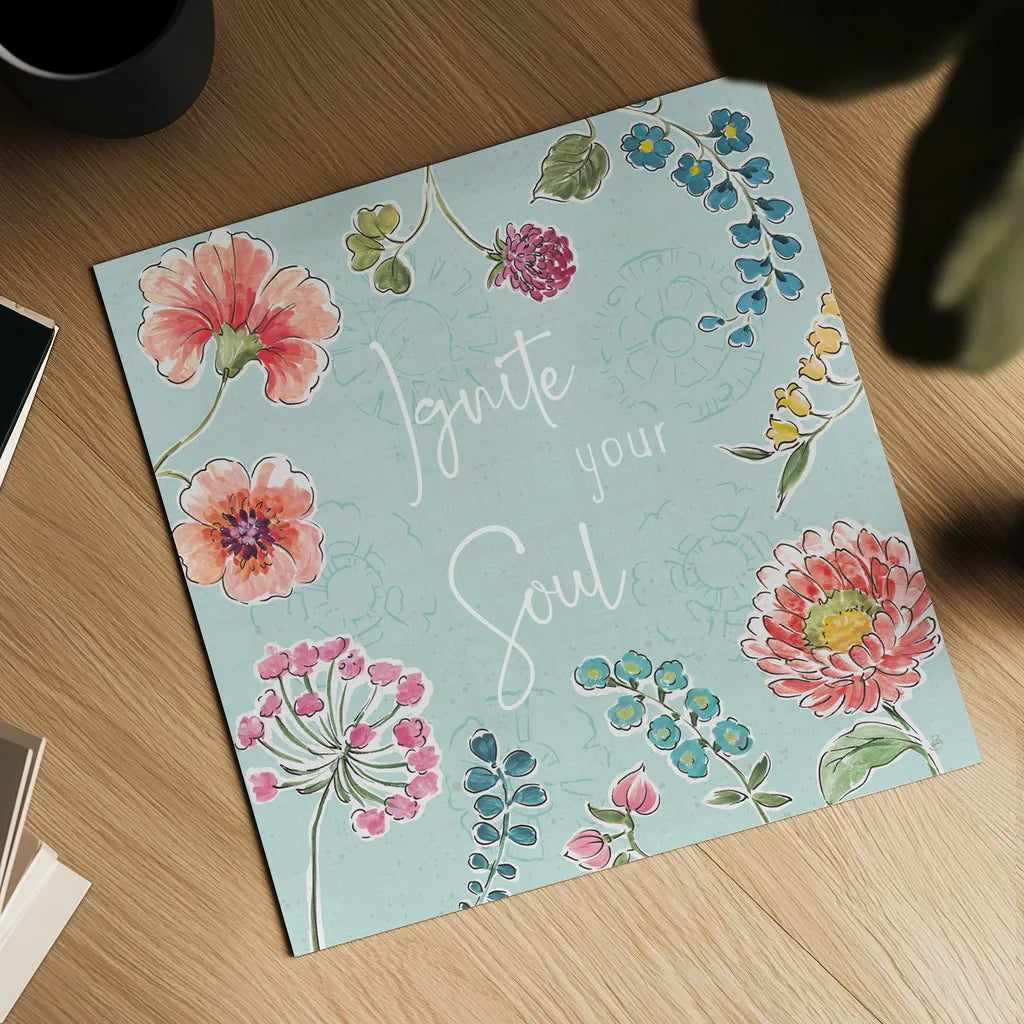 Gypsy Meadow IV Blue by Daphne Brissonnet. Shown as a detailed flat fine art print, highlighting archival giclee quality. Available as an archival giclee rolled canvas, fine art paper, or poster print. SKU 57771a.