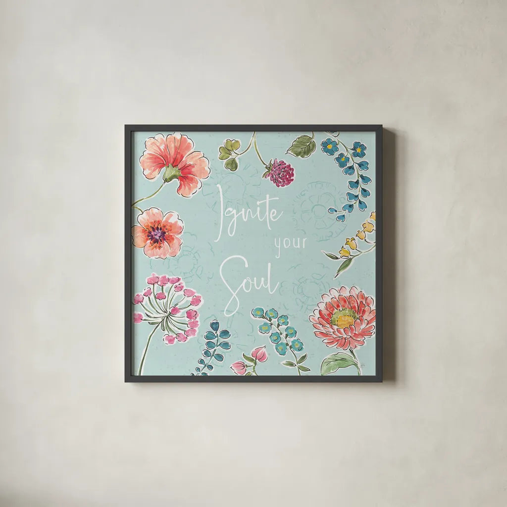 Gypsy Meadow IV Blue by Daphne Brissonnet. Shown in a sleek black glass frame for a contemporary gallery look. Available as an archival giclee rolled canvas, fine art paper, or poster print. SKU 57771a.