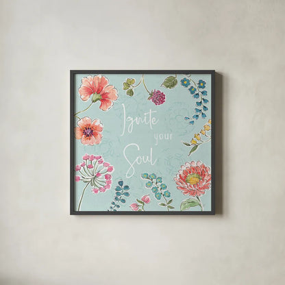 Gypsy Meadow IV Blue by Daphne Brissonnet. Shown in a sleek black glass frame for a contemporary gallery look. Available as an archival giclee rolled canvas, fine art paper, or poster print. SKU 57771a.