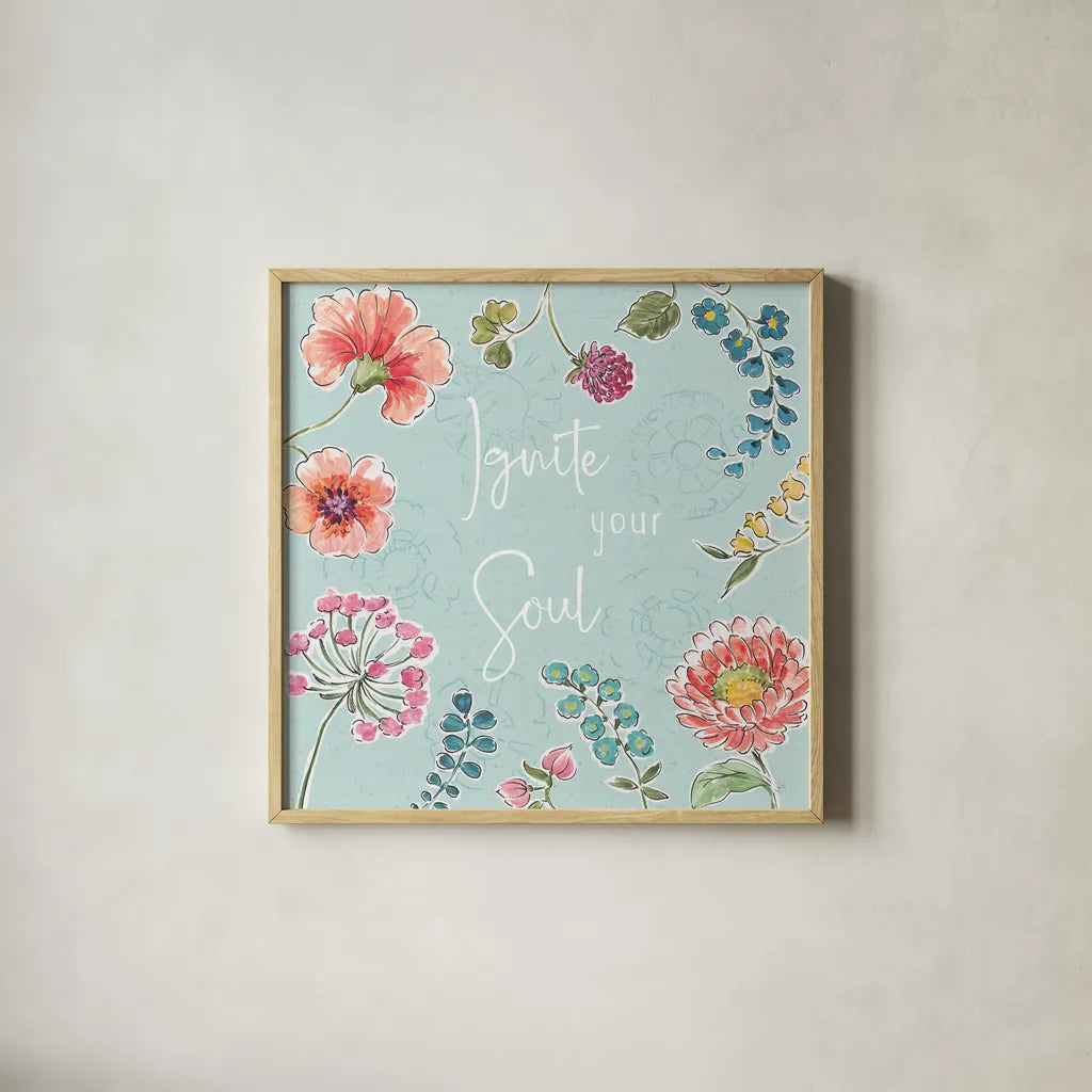 Gypsy Meadow IV Blue by Daphne Brissonnet. Shown in a natural wood glass frame for a timeless modern aesthetic. Available as an archival giclee rolled canvas, fine art paper, or poster print. SKU 57771a.