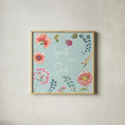 Gypsy Meadow IV Blue by Daphne Brissonnet. Shown in a natural wood glass frame for a timeless modern aesthetic. Available as an archival giclee rolled canvas, fine art paper, or poster print. SKU 57771a.