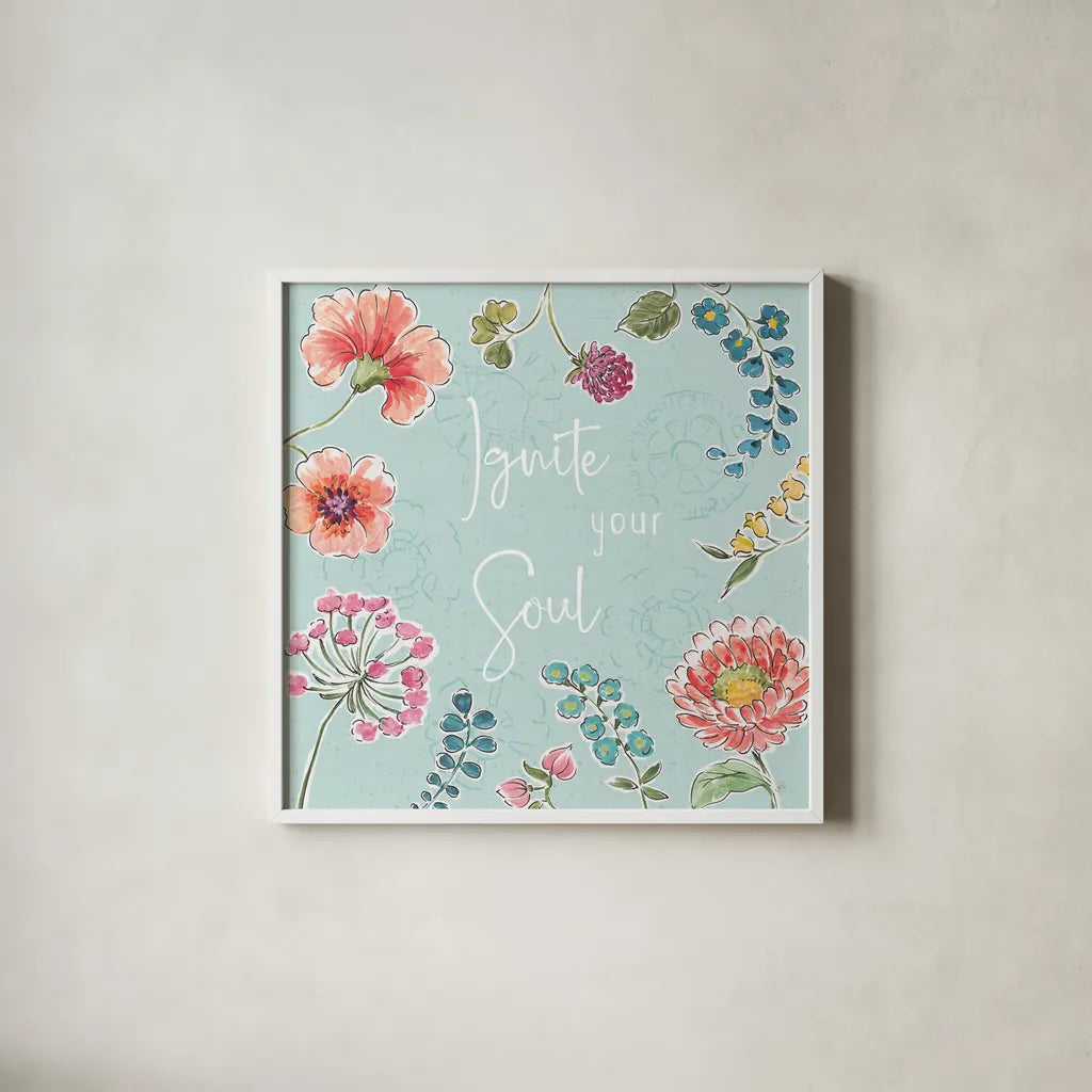 Gypsy Meadow IV Blue by Daphne Brissonnet. Shown in a crisp white glass frame for a clean and minimalist style. Available as an archival giclee rolled canvas, fine art paper, or poster print. SKU 57771a.