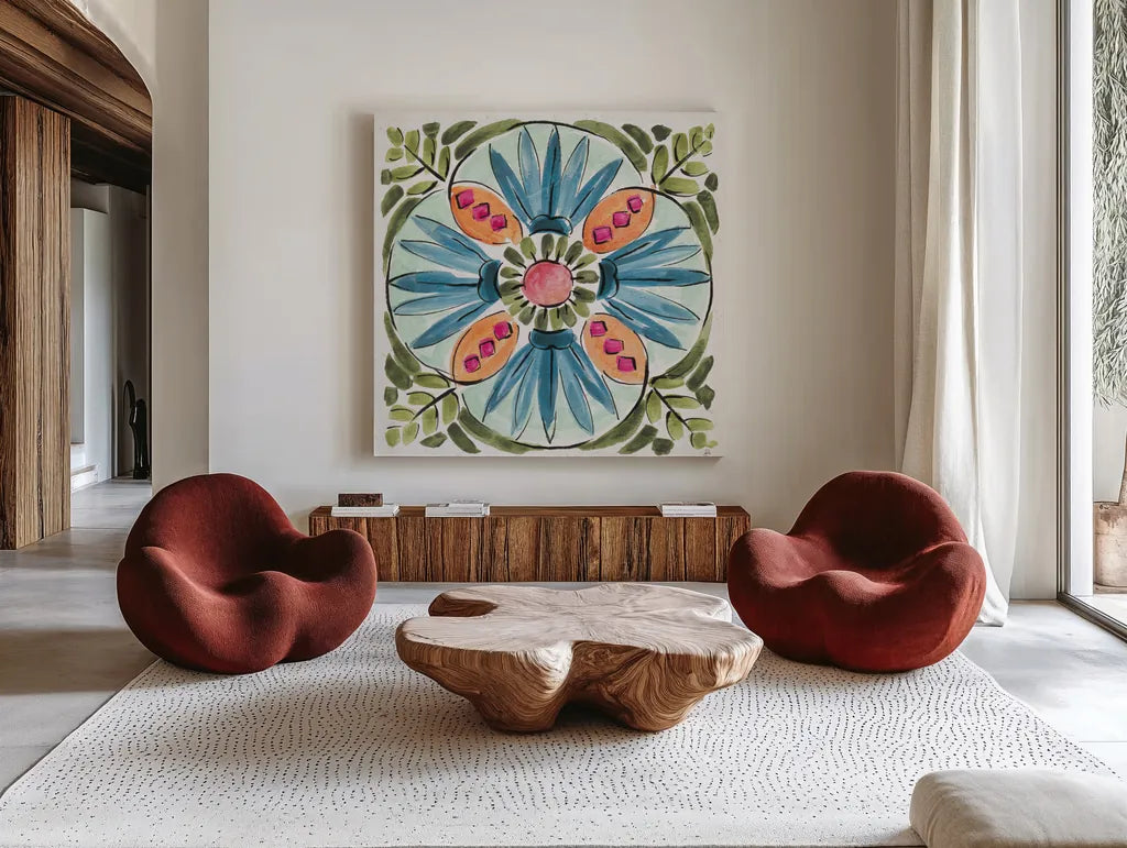 Gypsy Meadow IX by Daphne Brissonnet. Shown as extra-large giant wall art in a modern living room. Available as an archival giclee rolled canvas, fine art paper, or poster print. SKU 57765a.