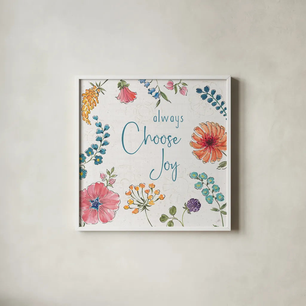 Gypsy Meadow V by Daphne Brissonnet. Shown in a crisp white glass frame for a clean and minimalist style. Available as an archival giclee rolled canvas, fine art paper, or poster print. SKU 57761a.