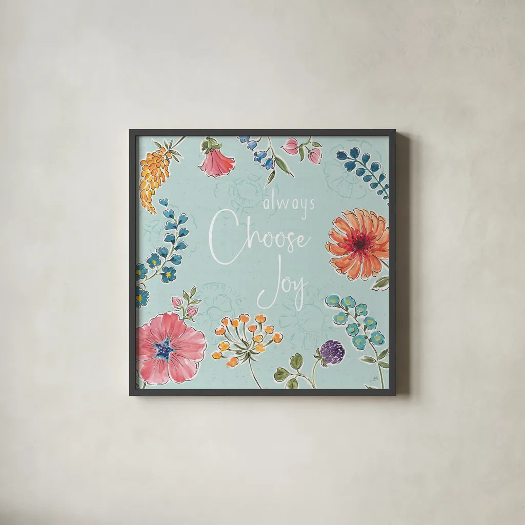 Gypsy Meadow V Blue by Daphne Brissonnet. Shown in a sleek black glass frame for a contemporary gallery look. Available as an archival giclee rolled canvas, fine art paper, or poster print. SKU 57772a.