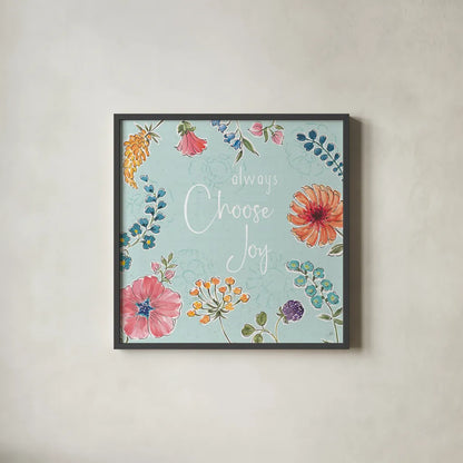 Gypsy Meadow V Blue by Daphne Brissonnet. Shown in a sleek black glass frame for a contemporary gallery look. Available as an archival giclee rolled canvas, fine art paper, or poster print. SKU 57772a.