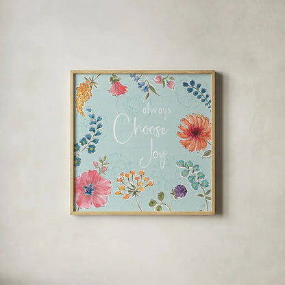 Gypsy Meadow V Blue by Daphne Brissonnet. Shown in a natural wood glass frame for a timeless modern aesthetic. Available as an archival giclee rolled canvas, fine art paper, or poster print. SKU 57772a.