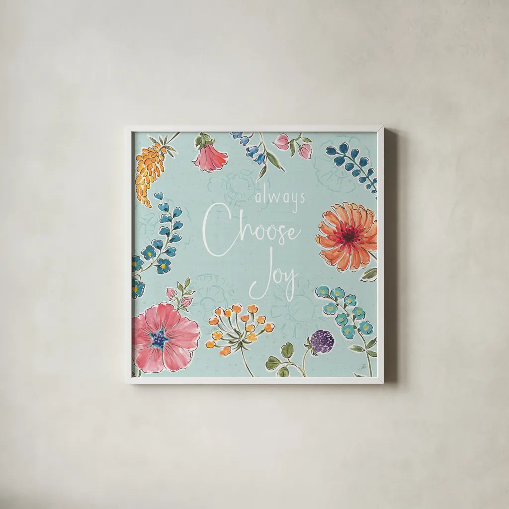 Gypsy Meadow V Blue by Daphne Brissonnet. Shown in a crisp white glass frame for a clean and minimalist style. Available as an archival giclee rolled canvas, fine art paper, or poster print. SKU 57772a.