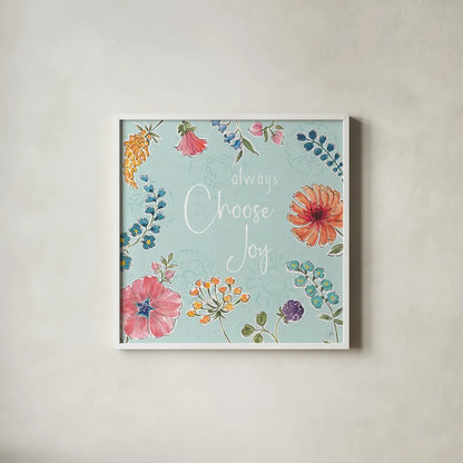 Gypsy Meadow V Blue by Daphne Brissonnet. Shown in a crisp white glass frame for a clean and minimalist style. Available as an archival giclee rolled canvas, fine art paper, or poster print. SKU 57772a.