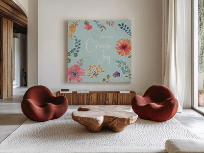 Gypsy Meadow V Blue by Daphne Brissonnet. Shown as extra-large giant wall art in a modern living room. Available as an archival giclee rolled canvas, fine art paper, or poster print. SKU 57772a.